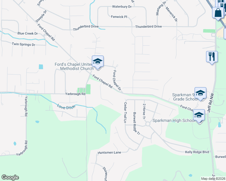 map of restaurants, bars, coffee shops, grocery stores, and more near 154 Ford Chapel Drive in Harvest