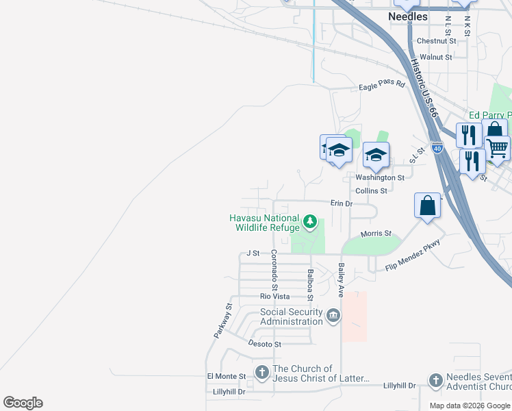 map of restaurants, bars, coffee shops, grocery stores, and more near 900 Coronado Street in Needles