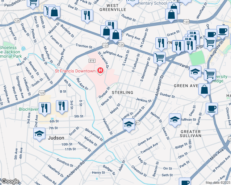 map of restaurants, bars, coffee shops, grocery stores, and more near 113 Minus Street in Greenville
