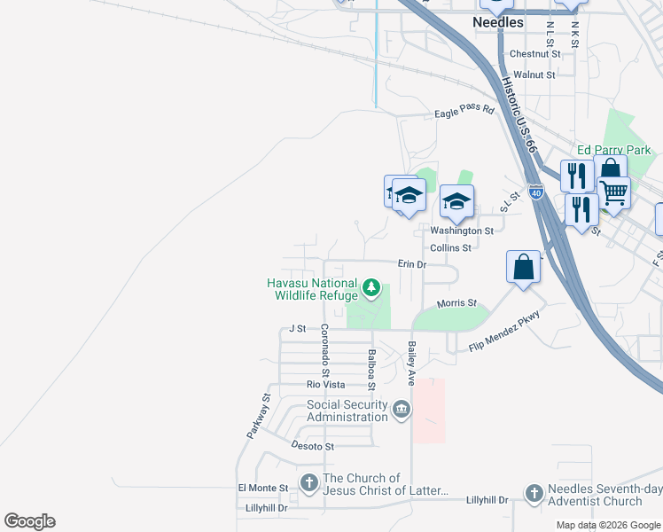 map of restaurants, bars, coffee shops, grocery stores, and more near 1932 Erin Drive in Needles