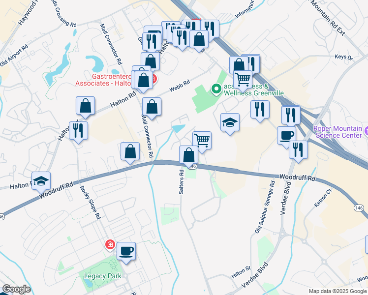 map of restaurants, bars, coffee shops, grocery stores, and more near 741 Woodruff Road in Greenville