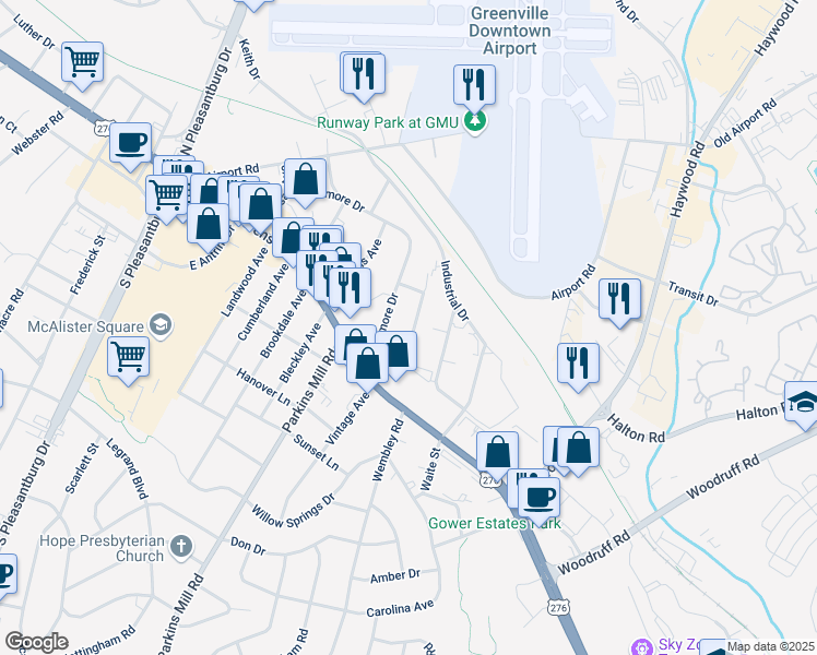 map of restaurants, bars, coffee shops, grocery stores, and more near 111 Ridgeway Drive in Greenville