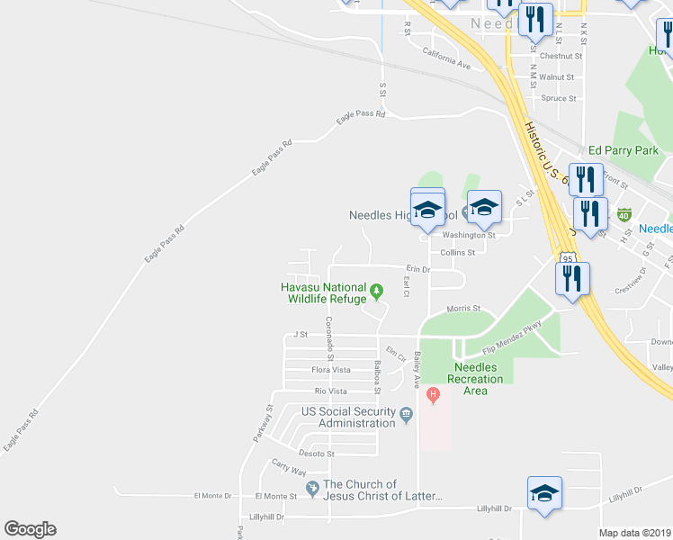 map of restaurants, bars, coffee shops, grocery stores, and more near 1933 Erin Drive in Needles