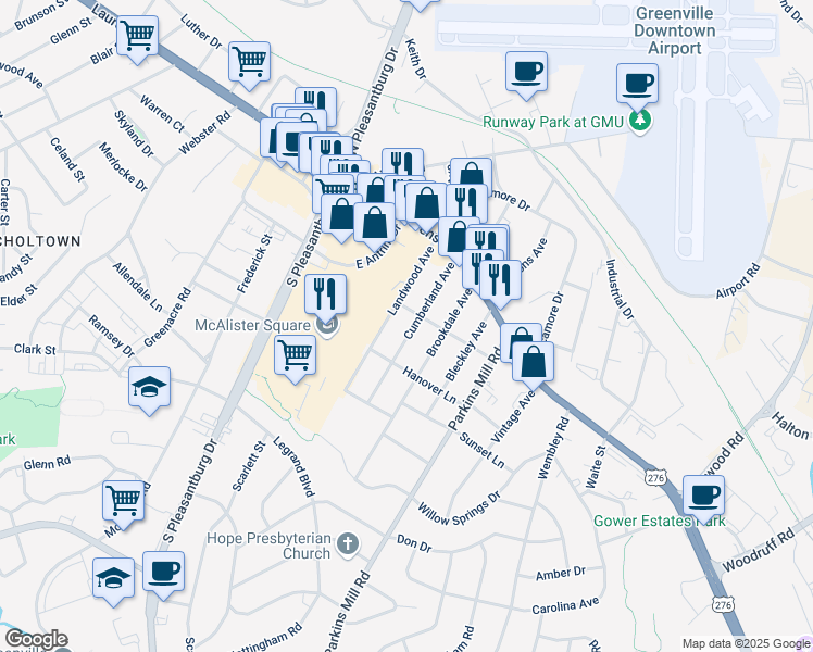 map of restaurants, bars, coffee shops, grocery stores, and more near 101 Landwood Avenue in Greenville