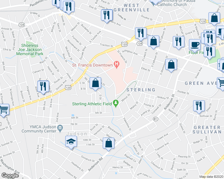 map of restaurants, bars, coffee shops, grocery stores, and more near 200 Andrews Street in Greenville