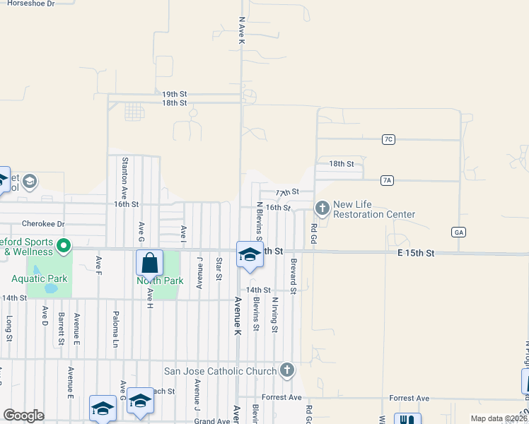 map of restaurants, bars, coffee shops, grocery stores, and more near 1600-1606 North Irving Street in Hereford