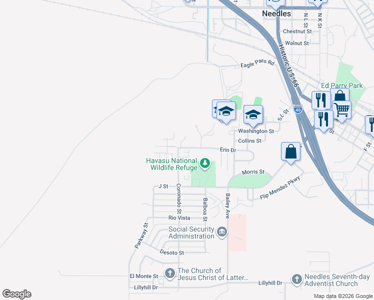 map of restaurants, bars, coffee shops, grocery stores, and more near 1932 Erin Drive in Needles
