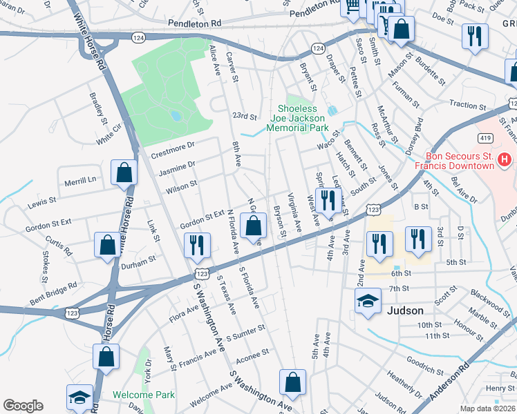 map of restaurants, bars, coffee shops, grocery stores, and more near 112 North Georgia Avenue in Greenville
