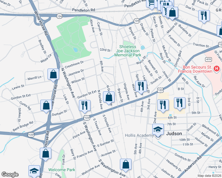 map of restaurants, bars, coffee shops, grocery stores, and more near 112 North Georgia Avenue in Greenville
