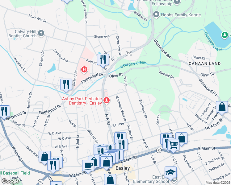 map of restaurants, bars, coffee shops, grocery stores, and more near 203 Augusta Street in Easley