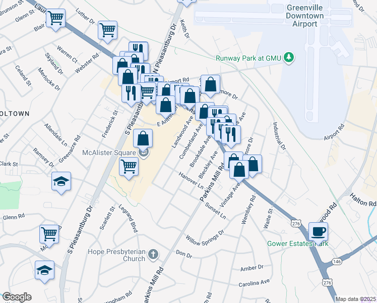 map of restaurants, bars, coffee shops, grocery stores, and more near 101 Cumberland Avenue in Greenville