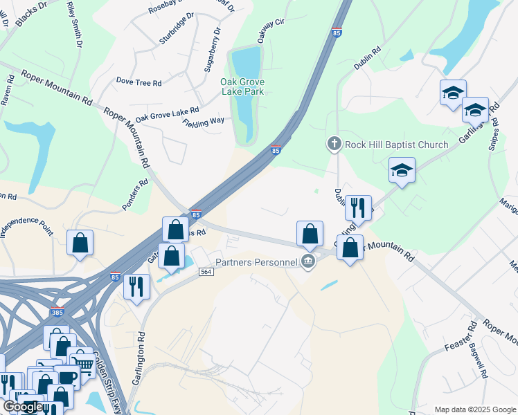 map of restaurants, bars, coffee shops, grocery stores, and more near 1409 Roper Mountain Road in Greenville