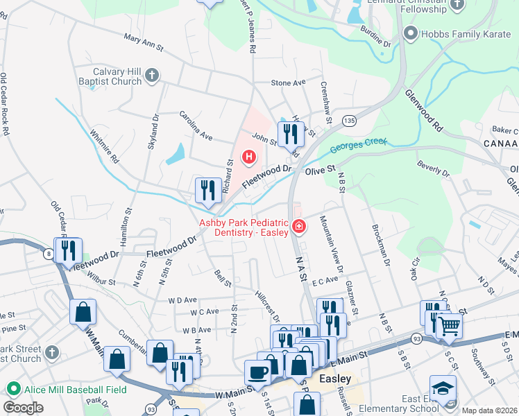 map of restaurants, bars, coffee shops, grocery stores, and more near 115 Lucille Avenue in Easley