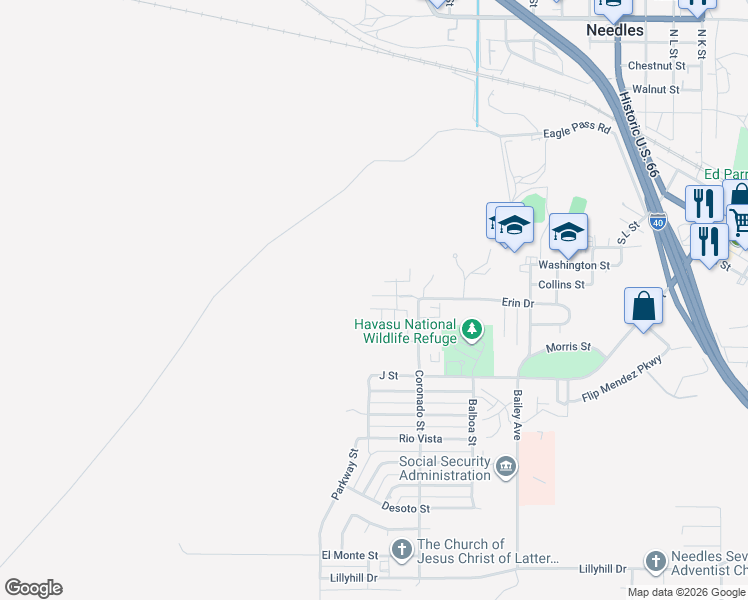 map of restaurants, bars, coffee shops, grocery stores, and more near 900 Coronado Street in Needles