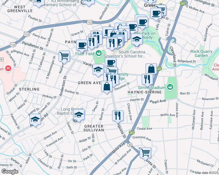 map of restaurants, bars, coffee shops, grocery stores, and more near 400 Augusta Street in Greenville