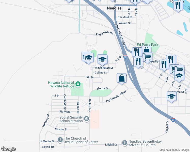 map of restaurants, bars, coffee shops, grocery stores, and more near 102 Erin Drive in Needles