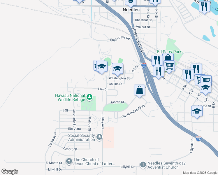 map of restaurants, bars, coffee shops, grocery stores, and more near 102 Erin Drive in Needles