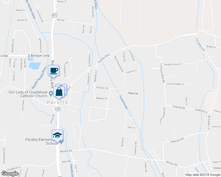 map of restaurants, bars, coffee shops, grocery stores, and more near 13 Proctor Drive in Peralta