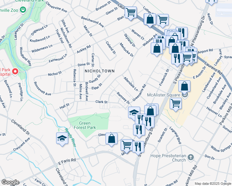 map of restaurants, bars, coffee shops, grocery stores, and more near 401 Ramsey Drive in Greenville