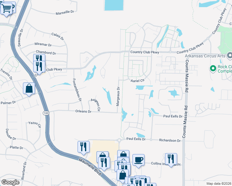 map of restaurants, bars, coffee shops, grocery stores, and more near 128 Margeaux Drive in Maumelle