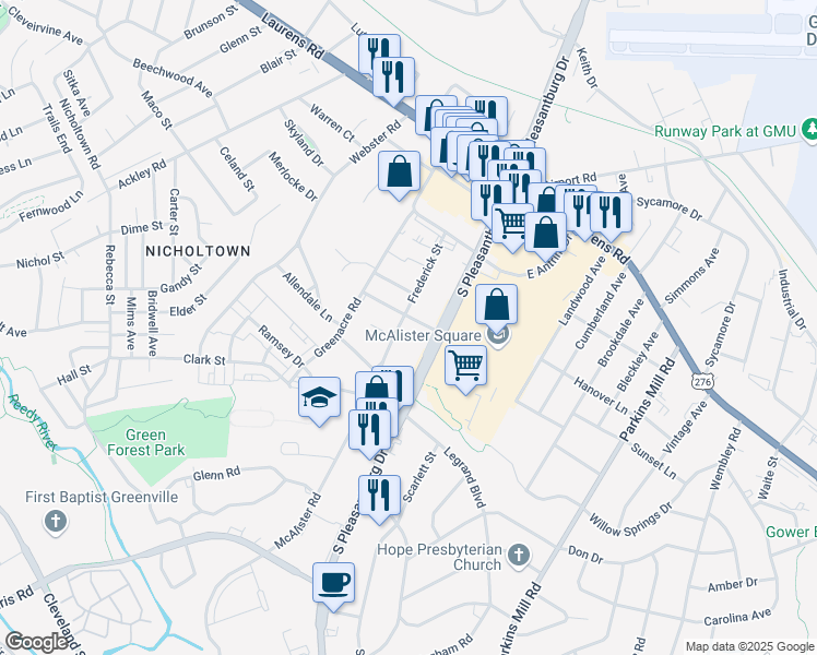map of restaurants, bars, coffee shops, grocery stores, and more near 254 South Pleasantburg Drive in Greenville