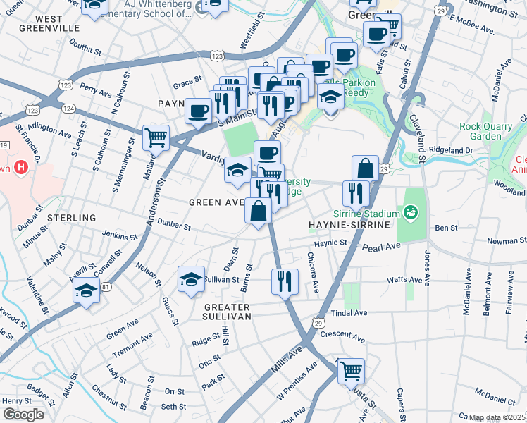 map of restaurants, bars, coffee shops, grocery stores, and more near 400 Augusta Street in Greenville