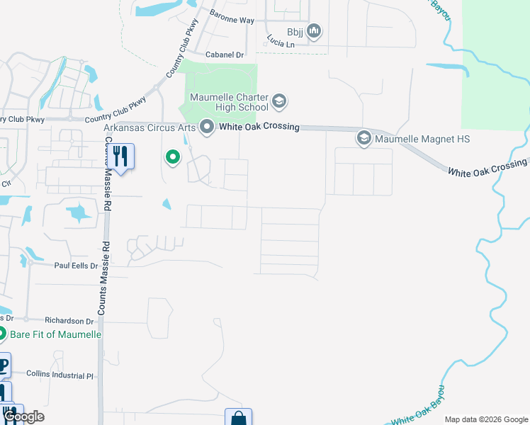 map of restaurants, bars, coffee shops, grocery stores, and more near Fitzgerald Lane in North Little Rock
