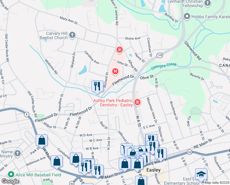 map of restaurants, bars, coffee shops, grocery stores, and more near 115 Lucille Avenue in Easley
