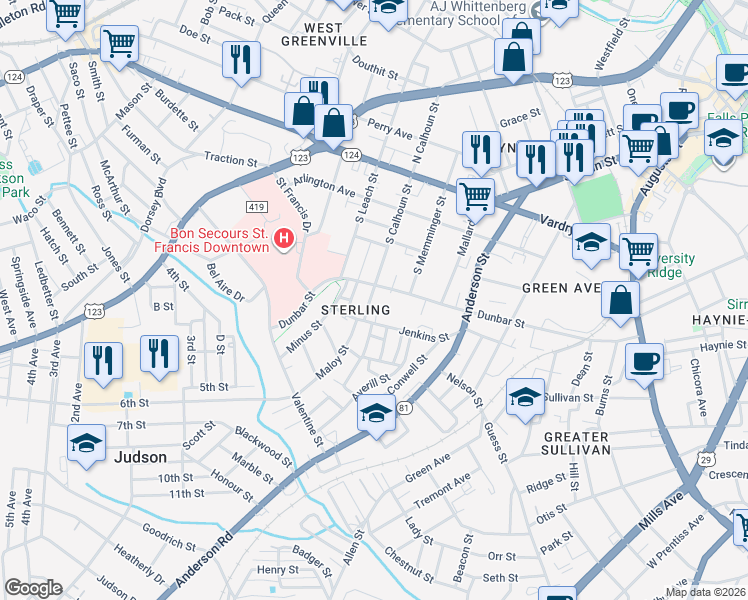 map of restaurants, bars, coffee shops, grocery stores, and more near 819 Dunbar Street in Greenville