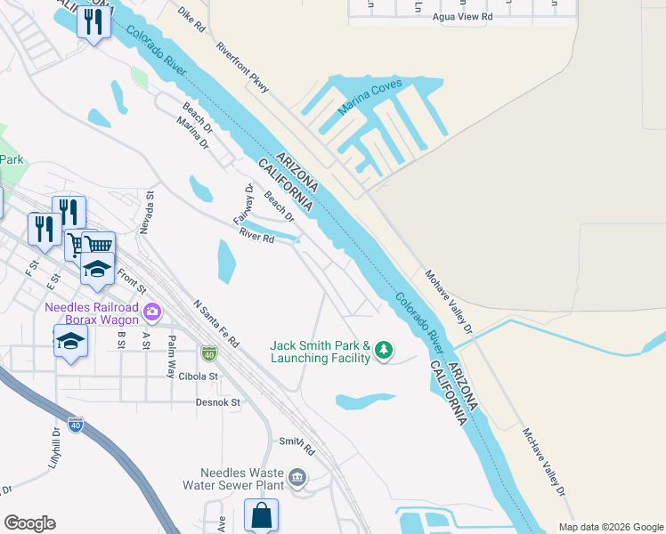 map of restaurants, bars, coffee shops, grocery stores, and more near 669 Channel Way in Needles