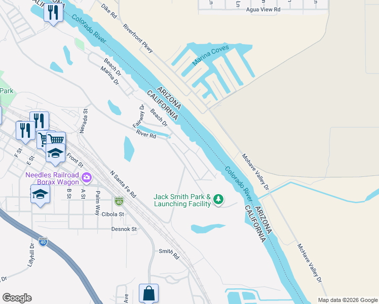 map of restaurants, bars, coffee shops, grocery stores, and more near 681 Channel Way in Needles