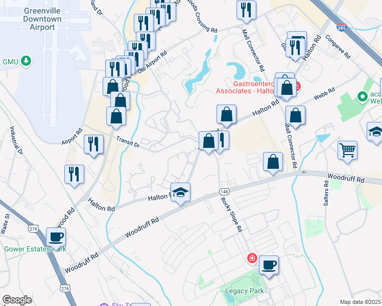 map of restaurants, bars, coffee shops, grocery stores, and more near 620 Halton Road in Greenville
