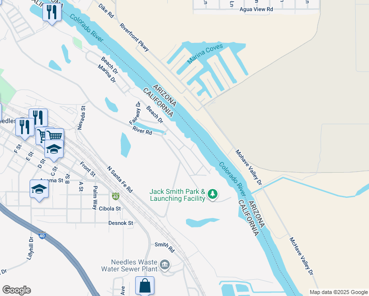 map of restaurants, bars, coffee shops, grocery stores, and more near 663 Channel Way in Needles