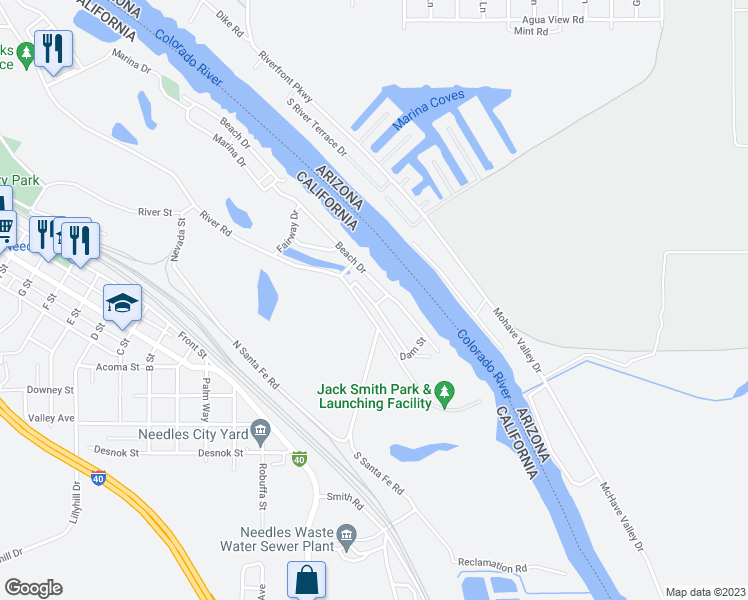 map of restaurants, bars, coffee shops, grocery stores, and more near 663 Channel Way in Needles