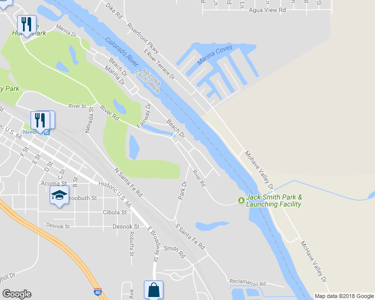 map of restaurants, bars, coffee shops, grocery stores, and more near 578 Channel Way in Needles