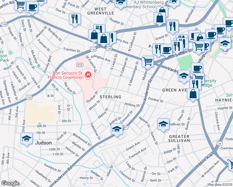 map of restaurants, bars, coffee shops, grocery stores, and more near 819 Dunbar Street in Greenville