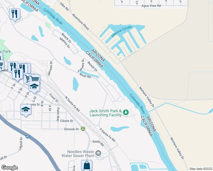 map of restaurants, bars, coffee shops, grocery stores, and more near 578 Channel Way in Needles