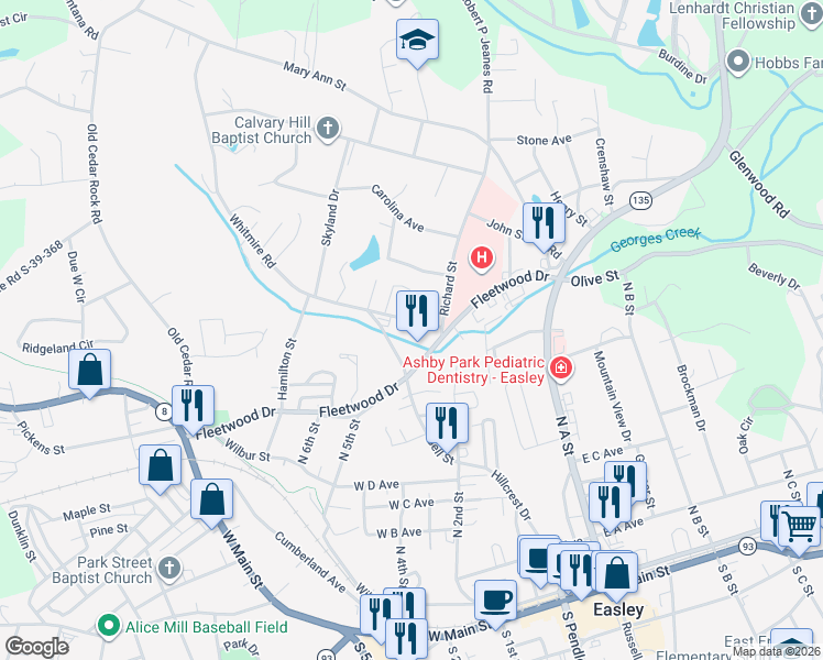 map of restaurants, bars, coffee shops, grocery stores, and more near 115 Whitmire Road in Easley