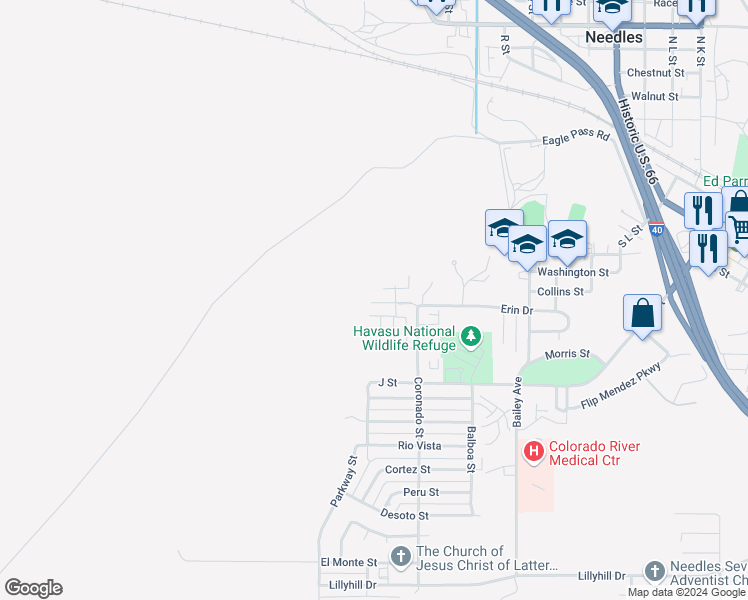 map of restaurants, bars, coffee shops, grocery stores, and more near 900 Coronado Street in Needles
