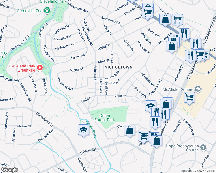 map of restaurants, bars, coffee shops, grocery stores, and more near 19 Bridwell Avenue in Greenville