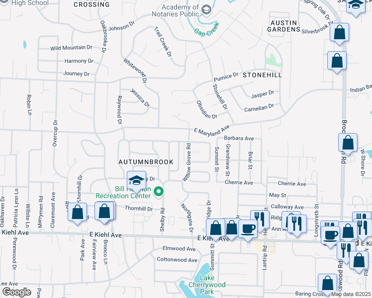 map of restaurants, bars, coffee shops, grocery stores, and more near 137 Willow Grove Road in Sherwood