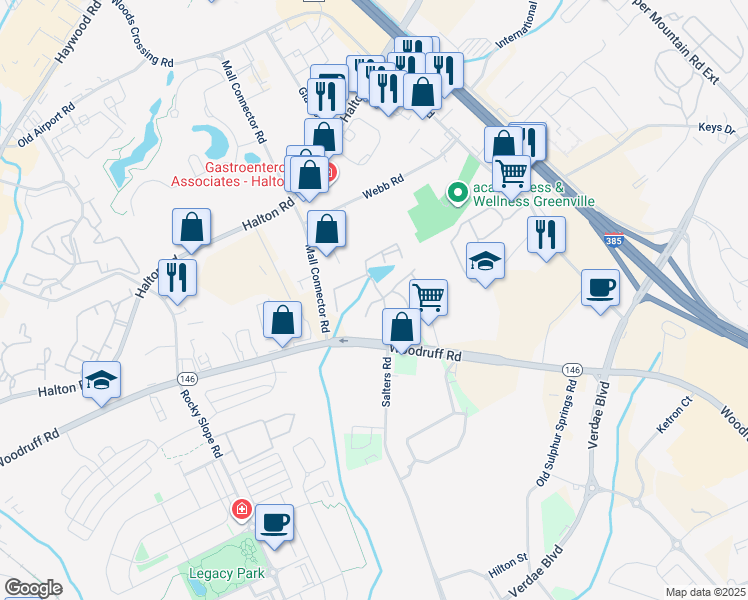 map of restaurants, bars, coffee shops, grocery stores, and more near 741 Woodruff Road in Greenville