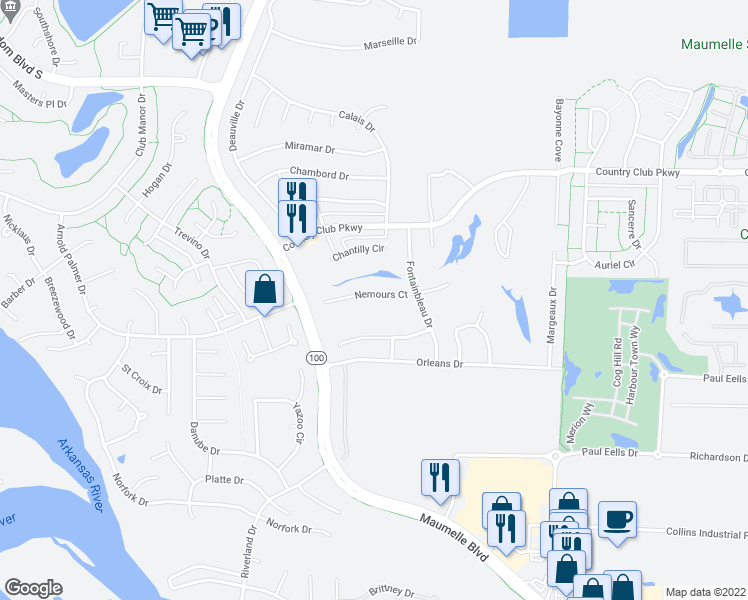 map of restaurants, bars, coffee shops, grocery stores, and more near 115 Nemours Court in Maumelle