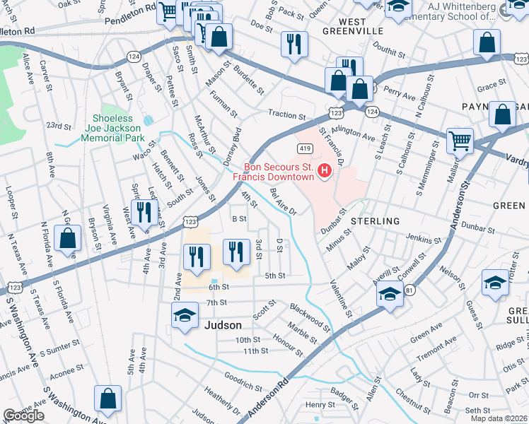 map of restaurants, bars, coffee shops, grocery stores, and more near 40 4th Street in Greenville