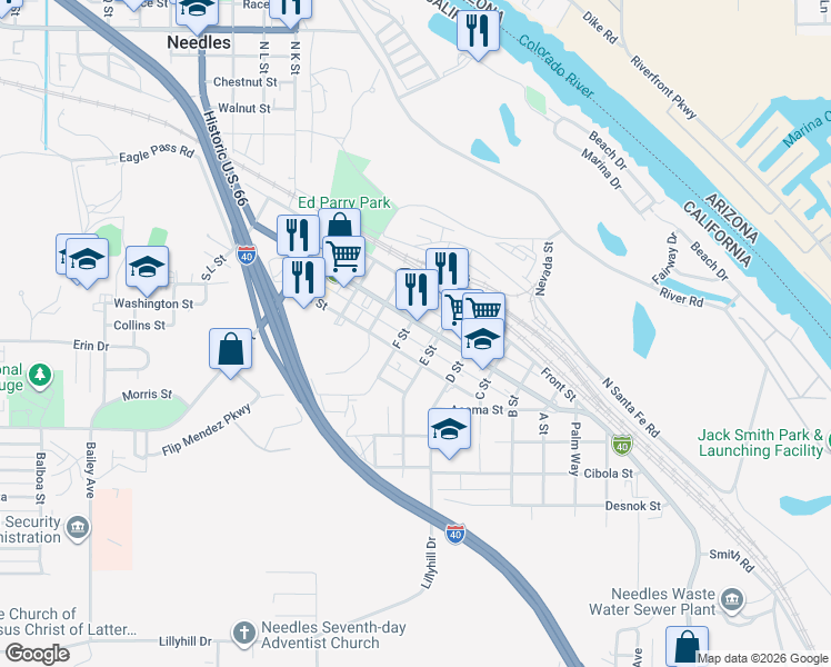map of restaurants, bars, coffee shops, grocery stores, and more near 821 West Broadway Street in Needles