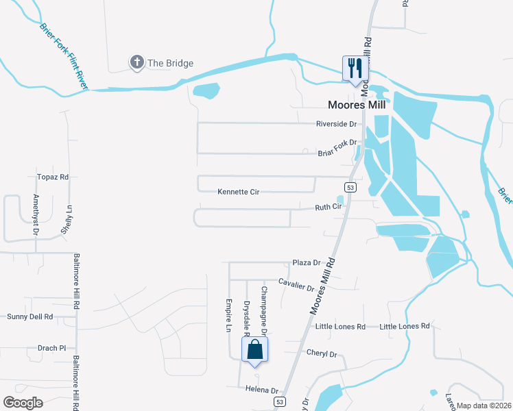 map of restaurants, bars, coffee shops, grocery stores, and more near 235 Ruth Circle in Huntsville