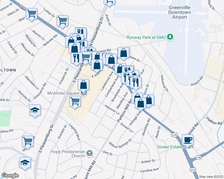 map of restaurants, bars, coffee shops, grocery stores, and more near 25 Cumberland Avenue in Greenville