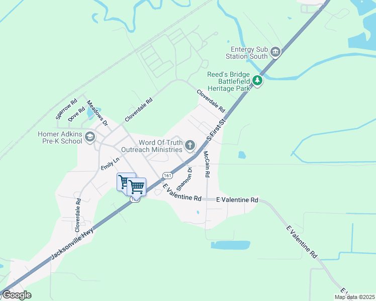 map of restaurants, bars, coffee shops, grocery stores, and more near 105 Blakely Road in Jacksonville