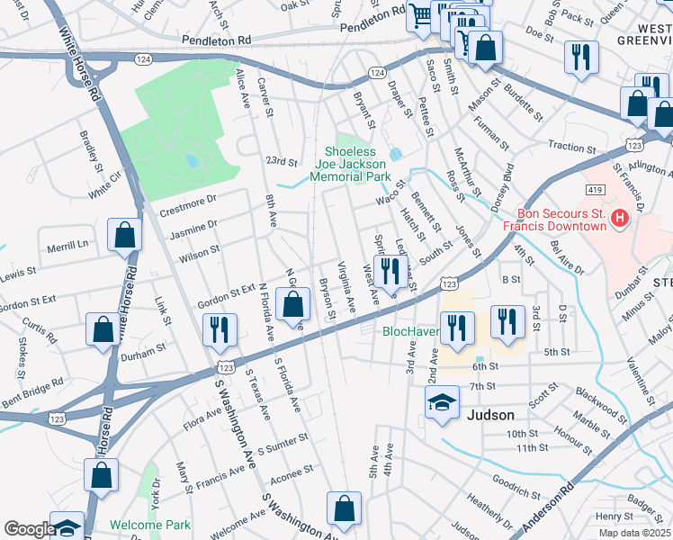 map of restaurants, bars, coffee shops, grocery stores, and more near 24 Bryson Street in Greenville
