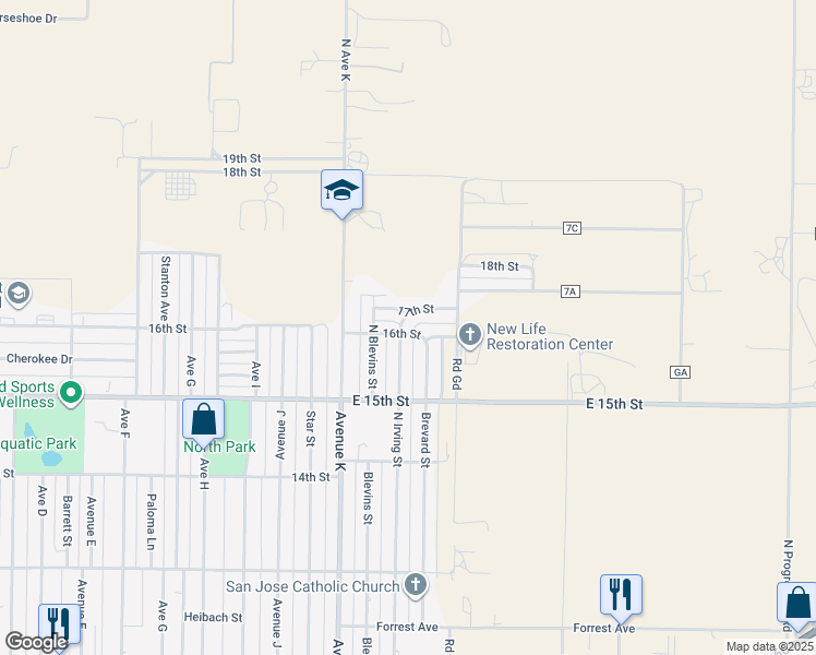 map of restaurants, bars, coffee shops, grocery stores, and more near 1600 North Irving Street in Hereford